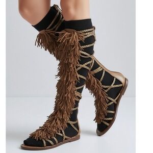 Sam Edleman Sz 5.5 Gia Knee High Fringe Gladiator Sandals Brown Leather Festival